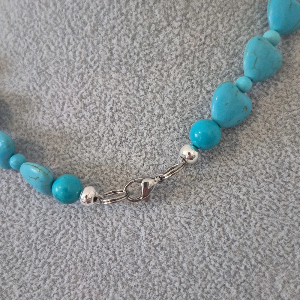 Turquoise 6mm 4mm Natural Beads on Heart Necklace.Charm On Matching Braclet. - Picture 2 of 4